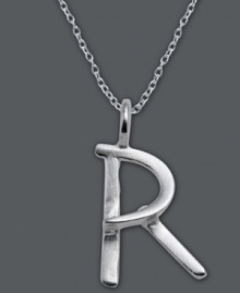 The perfect personalized gift. A polished sterling silver pendant features the letter R with a chic asymmetrical shape. Comes with a matching chain. Approximate length: 18 inches. Approximate drop: 3/4 inch. The perfect personalized gift. A polished sterling silver pendant features the letter R with a chic asymmetrical shape. Comes with a matching chain. Approximate length: 18 inches. Approximate drop: 3/4 inch.