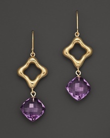 Faceted amethyst teardrops dangle from 14K yellow gold diamonds. Faceted amethyst teardrops dangle from 14K yellow gold diamonds.