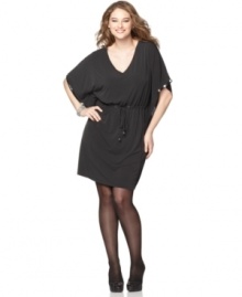 Looking party-perfect is a cinch with Spense's butterfly sleeve plus size dress, accentuated by a drawstring waist. Looking party-perfect is a cinch with Spense's butterfly sleeve plus size dress, accentuated by a drawstring waist.