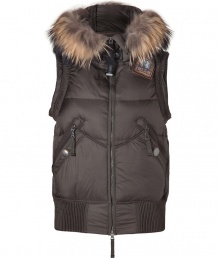 Stay warm in luxe style with this down vest from Parajumpers - Fur trimmed hood with snap closure, front zip closure, logo at shoulder, zip pockets, puffed ribbed trim, quilted, water resistant lining - Cropped, form-fitting silhouette - Style with skinny jeans, a cashmere sweater, and shearling boots Stay warm in luxe style with this down vest from Parajumpers - Fur trimmed hood with snap closure, front zip closure, logo at shoulder, zip pockets, puffed ribbed trim, quilted, water resistant lining - Cropped, form-fitting silhouette - Style with skinny jeans, a cashmere sweater, and shearling boots
