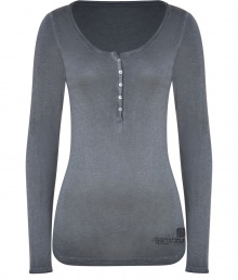 Work an effortless edge into your casual staples with True Religions faded black heather henley, detailed in a super soft mix of lightweight cotton-modal - Scoop neckline, long sleeves, logo patch and printing on front and back at hemline - Slim fit - Wear with casual separates and shearling-lined boots Work an effortless edge into your casual staples with True Religions faded black heather henley, detailed in a super soft mix of lightweight cotton-modal - Scoop neckline, long sleeves, logo patch and printing on front and back at hemline - Slim fit - Wear with casual separates and shearling-lined boots
