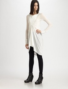 Sculptural and sleek, tailored with an artfully gathered front.BoatneckTriangular bib panelGathered frontExtra-long sleevesAsymmetrical hemlineBack drapeAbout 30 from natural waist70% rayon/15% nylon/15% cottonDry cleanMade in Italy of imported fabricModel shown is 5'11 (180cm) wearing US size 4. Sculptural and sleek, tailored with an artfully gathered front.BoatneckTriangular bib panelGathered frontExtra-long sleevesAsymmetrical hemlineBack drapeAbout 30 from natural waist70% rayon/15% nylon/15% cottonDry cleanMade in Italy of imported fabricModel shown is 5'11 (180cm) wearing US size 4.