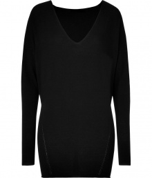 Luxe black oversized V-neck top from Donna Karan -Add instant chic to your day look with this versatile top - On-trend oversized fit, flattering V-neckline, dolman-inspired sleeves - Pair with leather paneled leggings, a fringed scarf, and platform booties Luxe black oversized V-neck top from Donna Karan -Add instant chic to your day look with this versatile top - On-trend oversized fit, flattering V-neckline, dolman-inspired sleeves - Pair with leather paneled leggings, a fringed scarf, and platform booties