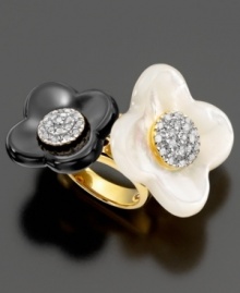 Beautiful and bold flowers adorn this gorgeous ring featuring mother of peal, white topaz (5/8 ct. t.w.) and onyx set in 14k gold over sterling silver. Size 7. Beautiful and bold flowers adorn this gorgeous ring featuring mother of peal, white topaz (5/8 ct. t.w.) and onyx set in 14k gold over sterling silver. Size 7.