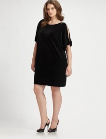 Velvet boatneck with glitzy embellished shoulders and open sleeves. BoatneckEmbellished shouldersShort cutout sleevesBack button keyhole closureAbout 20 from natural waistFully lined90% polyester/10% spandexDry cleanImported Velvet boatneck with glitzy embellished shoulders and open sleeves. BoatneckEmbellished shouldersShort cutout sleevesBack button keyhole closureAbout 20 from natural waistFully lined90% polyester/10% spandexDry cleanImported
