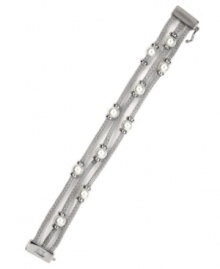 Add a silver streak to your wardrobe. AK Anne Klein's industrial-chic chain bracelet features three rows of plastic pearls. Set in imitation rhodium-plated mixed metal. Approximate length: 7-1/2 inches. Add a silver streak to your wardrobe. AK Anne Klein's industrial-chic chain bracelet features three rows of plastic pearls. Set in imitation rhodium-plated mixed metal. Approximate length: 7-1/2 inches.