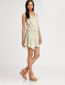 Pleated drop waist, asymmetrical hem and a partially open back rejuvenate this sweet, floral-print silk confection. Modified cowlneckSleevelessElasticized drop waistAsymmetrical hemBack keyhole closureOpen backAbout 16 from natural waist96% silk/4% spandexDry cleanImportedModel shown is 5'10 (177cm) wearing US size Small.