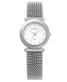 Signature Skagen Denmark style in an easy clasp-free design. Stainless steel mesh expansion bracelet and round case. White dial features Swarovski element markers, three silver tone hands and logo. Quartz movement. Water resistant to 30 meters. Limited lifetime warranty. Signature Skagen Denmark style in an easy clasp-free design. Stainless steel mesh expansion bracelet and round case. White dial features Swarovski element markers, three silver tone hands and logo. Quartz movement. Water resistant to 30 meters. Limited lifetime warranty.
