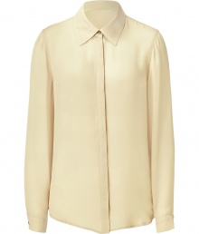 Elegant blouse in fine, sand synthetic fiber blend - Soft, lightweight material drapes like a dream - Traditional button down collar and covered button placket - Long, cuffed sleeves, rounded hem and chic pleat detail at back - Slim, straight silhouette - Stylish and streamlined, a modern classic ideal for the office, leisure and evenings out - Pair with a suit, a high waisted pencil skirt, skinny denim or leather pants