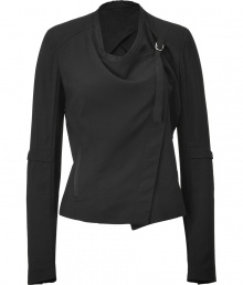 An edgy take on the classic black blazer, this version from Helmut Lang boasts a flattering drape and an on-trend asymmetrical closure - Round neck, long sleeves with seaming detail, asymmetrical fold-over closure with silver D-ring, adjustable back belt - Style with moto-inspired skinny jeans, a draped tank, and platform pumps An edgy take on the classic black blazer, this version from Helmut Lang boasts a flattering drape and an on-trend asymmetrical closure - Round neck, long sleeves with seaming detail, asymmetrical fold-over closure with silver D-ring, adjustable back belt - Style with moto-inspired skinny jeans, a draped tank, and platform pumps