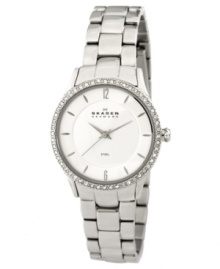 A clean and classic design with a luxurious twinkle. The stainless steel case and bracelet feature integrated links. A stunning row of Swarovski crystals line the bezel and illuminate the chrome dial. Nickel-safe. Three-hand, Japanese quartz movement. Water resistant to 30 meters. A clean and classic design with a luxurious twinkle. The stainless steel case and bracelet feature integrated links. A stunning row of Swarovski crystals line the bezel and illuminate the chrome dial. Nickel-safe. Three-hand, Japanese quartz movement. Water resistant to 30 meters.