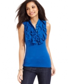 Ruffles at the chest add feminine charm to August Silk's easy staple. Ruffles at the chest add feminine charm to August Silk's easy staple.