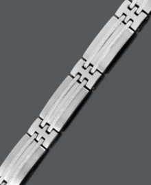 Strong enough to withstand the elements, and versatile enough to wear with any outfit. Men's bracelet features a rectangular link set in stainless steel with a textured finish. Approximate length: 8-1/2 inches. Strong enough to withstand the elements, and versatile enough to wear with any outfit. Men's bracelet features a rectangular link set in stainless steel with a textured finish. Approximate length: 8-1/2 inches.