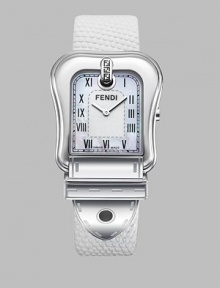 From the B. Fendi Collection. Shaped like a belt buckle, this sophisticated stainless steel timepiece has a rich leather strap and exudes Fendi style. Swiss quartz movement Water-resistant to 3ATM Smooth bezel Buckle-shaped stainless steel case; 36mm X 30mm (1.42 X 1.18) Sapphire crystal Mother-of-pearl dial Roman numerals White lizard strap, 20mm wide (.79) Made in Switzerland From the B. Fendi Collection. Shaped like a belt buckle, this sophisticated stainless steel timepiece has a rich leather strap and exudes Fendi style. Swiss quartz movement Water-resistant to 3ATM Smooth bezel Buckle-shaped stainless steel case; 36mm X 30mm (1.42 X 1.18) Sapphire crystal Mother-of-pearl dial Roman numerals White lizard strap, 20mm wide (.79) Made in Switzerland