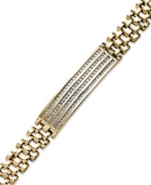 A luxurious blend of rich color and shine. Yell'Ora's men's bracelet features a thick link band that highlights four rows of round-cut diamonds at center (1 ct. t.w.). Base metal made from a combination of pure gold, sterling silver and palladium. Approximate length: 8 inches. A luxurious blend of rich color and shine. Yell'Ora's men's bracelet features a thick link band that highlights four rows of round-cut diamonds at center (1 ct. t.w.). Base metal made from a combination of pure gold, sterling silver and palladium. Approximate length: 8 inches.