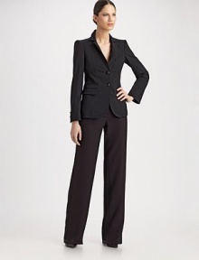 A polished look in lightweight wool with wide, straight legs.Wide, two-button waistband Front zipper Back waist darts Unfinished hem Virgin wool Dry clean Imported A polished look in lightweight wool with wide, straight legs.Wide, two-button waistband Front zipper Back waist darts Unfinished hem Virgin wool Dry clean Imported