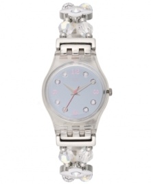 Fall in love with this ladylike link bracelet watch from Swatch's First Romance collection. With floral motifs and rows of crystal beads, you'll add elegance to your daily look. Fall in love with this ladylike link bracelet watch from Swatch's First Romance collection. With floral motifs and rows of crystal beads, you'll add elegance to your daily look.