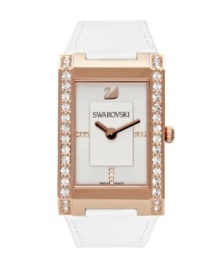 Exquisite details lend a luxurious air to this Citra watch by Swarovski. White croc-embossed leather strap and rectangular rose-gold PVD case crystallized with Swarovski elements at sides. Silvery white sunray dial features Swarovski elements set in rose-gold tone markers at three, six and nine o'clock, logo at twelve o'clock and two hands. Swiss quartz movement. Water resistant to 30 meters. Two-year limited warranty. Exquisite details lend a luxurious air to this Citra watch by Swarovski. White croc-embossed leather strap and rectangular rose-gold PVD case crystallized with Swarovski elements at sides. Silvery white sunray dial features Swarovski elements set in rose-gold tone markers at three, six and nine o'clock, logo at twelve o'clock and two hands. Swiss quartz movement. Water resistant to 30 meters. Two-year limited warranty.