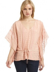 THE LOOKV-neckPullover styleThree-quarter length sheer batwing sleevesEmbroidered flowersLined frontDrawstring drop-waistSheer backTHE FITAbout 27 from shoulder to hemTHE MATERIALSilkPartially linedCARE & ORIGINDry cleanImportedModel shown is 5'8½ (174cm) wearing US size Small. THE LOOKV-neckPullover styleThree-quarter length sheer batwing sleevesEmbroidered flowersLined frontDrawstring drop-waistSheer backTHE FITAbout 27 from shoulder to hemTHE MATERIALSilkPartially linedCARE & ORIGINDry cleanImportedModel shown is 5'8½ (174cm) wearing US size Small.