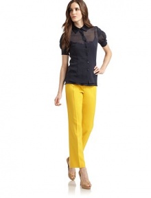 THE LOOKPoint collarShort sleeves with button cuffsButton frontSheer designTHE FITAbout 24 from shoulder to hemTHE MATERIAL78% cotton/22% silkCARE & ORIGINDry cleanImportedModel shown is 5'10 (177cm) wearing US size 2. THE LOOKPoint collarShort sleeves with button cuffsButton frontSheer designTHE FITAbout 24 from shoulder to hemTHE MATERIAL78% cotton/22% silkCARE & ORIGINDry cleanImportedModel shown is 5'10 (177cm) wearing US size 2.