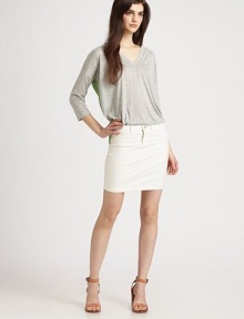 Luxe, lightweight knit constructed with a sheer chiffon back for subtle skin-baring chic.V necklineDropped shouldersElbow sleevesSheer backAbout 27 from shoulder to hemFront: rayon; back: 93% silk/7% spandexDry cleanMade in USAModel shown is 5'9½ (176cm) wearing US size Small.OUR FIT MODEL RECOMMENDS ordering true size. Luxe, lightweight knit constructed with a sheer chiffon back for subtle skin-baring chic.V necklineDropped shouldersElbow sleevesSheer backAbout 27 from shoulder to hemFront: rayon; back: 93% silk/7% spandexDry cleanMade in USAModel shown is 5'9½ (176cm) wearing US size Small.OUR FIT MODEL RECOMMENDS ordering true size.