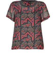 A stylish alternative to the classic tee, a geometric tribal print covers this ultra-cool silk top from Marc by Marc Jacobs - Round neckline, short sleeves, A-line silhouette, allover geometric print, semi-sheer - Loose fit - Pair with skinny jeans, a leather biker jacket, and high heel booties A stylish alternative to the classic tee, a geometric tribal print covers this ultra-cool silk top from Marc by Marc Jacobs - Round neckline, short sleeves, A-line silhouette, allover geometric print, semi-sheer - Loose fit - Pair with skinny jeans, a leather biker jacket, and high heel booties