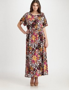 A vividly printed, ankle-grazing design with a relaxed yet flattering fit.Draped necklineShort sleevesElasticized waistlinePull-on styleAbout 42 from natural waist48% rayon/42% polyester/10% spandexDry cleanMade in USA of imported fabric A vividly printed, ankle-grazing design with a relaxed yet flattering fit.Draped necklineShort sleevesElasticized waistlinePull-on styleAbout 42 from natural waist48% rayon/42% polyester/10% spandexDry cleanMade in USA of imported fabric