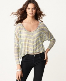 Stripes and sheer lace make this cropped BCBGeneration slouchy tee a hot layering piece! Stripes and sheer lace make this cropped BCBGeneration slouchy tee a hot layering piece!