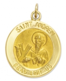 Commemorate the patron Saint of fishermen. This intricate medal charm features a divine depiction, as well as the words: Saint Andrew Pray For Us in 14k gold. Chain not included. Approximate length: 2/5 inch. Approximate width: 3/5 inch. Commemorate the patron Saint of fishermen. This intricate medal charm features a divine depiction, as well as the words: Saint Andrew Pray For Us in 14k gold. Chain not included. Approximate length: 2/5 inch. Approximate width: 3/5 inch.