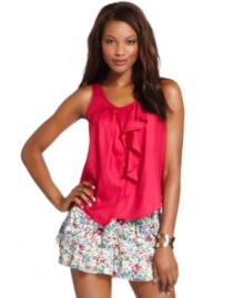 A cascading ruffle adds feminine flair to this BCBGeneration tank -- perfect for a sweet summer look! A cascading ruffle adds feminine flair to this BCBGeneration tank -- perfect for a sweet summer look!