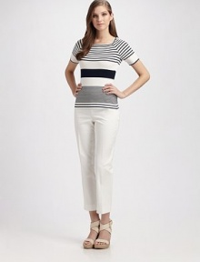 This slim-fitting design in stretch cotton has side slits at the hem and a signature cropped length. Side zipper Side slits at hem Inseam, about 28 Cotton/spandex Dry clean Made in USA of German fabric This slim-fitting design in stretch cotton has side slits at the hem and a signature cropped length. Side zipper Side slits at hem Inseam, about 28 Cotton/spandex Dry clean Made in USA of German fabric