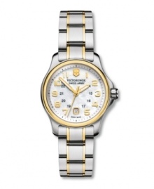 Equip yourself for life's adventures with this versatile, go-anywhere Officer's XS watch by Victorinox Swiss Army. Two-tone stainless steel bracelet and round case. Goldtone bezel with anti-reflective sapphire crystal. Mother-of-pearl dial features applied goldtone numerals at markers, date window at six o'clock, luminous hands and logo at twelve o'clock. Swiss quartz movement. Water resistant to 100 meters. Three-year limited warranty. Equip yourself for life's adventures with this versatile, go-anywhere Officer's XS watch by Victorinox Swiss Army. Two-tone stainless steel bracelet and round case. Goldtone bezel with anti-reflective sapphire crystal. Mother-of-pearl dial features applied goldtone numerals at markers, date window at six o'clock, luminous hands and logo at twelve o'clock. Swiss quartz movement. Water resistant to 100 meters. Three-year limited warranty.
