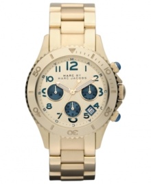 With bold blue accents, this golden Marc by Marc Jacobs watch will receive a ton of second looks. With bold blue accents, this golden Marc by Marc Jacobs watch will receive a ton of second looks.