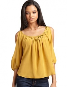 THE LOOKOpen shoulder cutoutsDraped three-quarter length sleeves with elastic gathered cuffsGentle drapingTHE FITAbout 23 from shoulder hemTHE MATERIALSilkCARE & ORIGINDry cleanMade in USAModel shown is 5'10 (177cm) wearing US size Small. THE LOOKOpen shoulder cutoutsDraped three-quarter length sleeves with elastic gathered cuffsGentle drapingTHE FITAbout 23 from shoulder hemTHE MATERIALSilkCARE & ORIGINDry cleanMade in USAModel shown is 5'10 (177cm) wearing US size Small.