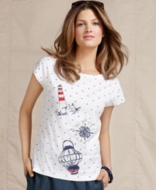 Life's a beach with this chic tee from Tommy Hilfiger! Allover polka dots and sketch-inspired nautical graphics make it anything but basic. Life's a beach with this chic tee from Tommy Hilfiger! Allover polka dots and sketch-inspired nautical graphics make it anything but basic.
