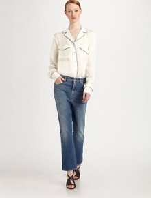 This silk, pajama-inspired style is defined by crisp contrast piping.Notched lapelsPatch pocketsButton frontLong sleeves with button cuffsContrast pipingAbout 25 from shoulder to hemSilkDry cleanImportedModel shown is 5'10 (177cm) wearing US size 4. This silk, pajama-inspired style is defined by crisp contrast piping.Notched lapelsPatch pocketsButton frontLong sleeves with button cuffsContrast pipingAbout 25 from shoulder to hemSilkDry cleanImportedModel shown is 5'10 (177cm) wearing US size 4.