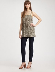 Bold cheetah-print on woven silk, gathered and tucked in a shapely tunic-length sheath.Thin strapsScoopneckBlouson bodiceDrawstring waistT-strap backAbout 31 from shoulder to hemSilkDry cleanMade in USA of imported fabricModel shown is 5'10 (177cm) wearing US size Small. Bold cheetah-print on woven silk, gathered and tucked in a shapely tunic-length sheath.Thin strapsScoopneckBlouson bodiceDrawstring waistT-strap backAbout 31 from shoulder to hemSilkDry cleanMade in USA of imported fabricModel shown is 5'10 (177cm) wearing US size Small.