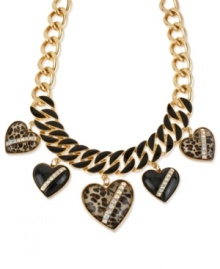 Wild at heart. This frontal necklace from Betsey Johnson is crafted from gold-tone mixed metal with with glass crystal and leopard print adorning black heart stones for a bit of animal attraction. Approximate length: 15 inches + 3-inch extender. Approximate frontal drop: 2-1/2 inches. Approximate heart drop: 1-3/4 inches. Wild at heart. This frontal necklace from Betsey Johnson is crafted from gold-tone mixed metal with with glass crystal and leopard print adorning black heart stones for a bit of animal attraction. Approximate length: 15 inches + 3-inch extender. Approximate frontal drop: 2-1/2 inches. Approximate heart drop: 1-3/4 inches.