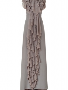 Prepare to turn heads in this dramatic, luxurious evening gown of pure silver-gray silk - Sleeveless, slim-fitted silhouette and deep back neckline - Ruffle trim cascades from short, round collar and flows down to floor-length hem - Features small train - Wear for a black tie event with platform heels and a clutch