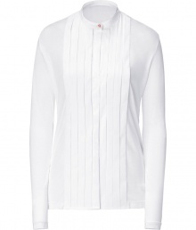 Elegant, feminine top made of fine, white viscose - Features a small collar, wide pleated front, and colored button on the collar - Pleasant waisted length, slim, fitted cut - Pair with slim pants or pencil skirt for a polished office look Elegant, feminine top made of fine, white viscose - Features a small collar, wide pleated front, and colored button on the collar - Pleasant waisted length, slim, fitted cut - Pair with slim pants or pencil skirt for a polished office look