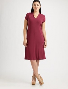 Soft jersey with the perfect amount of Lycra® ensures that this dress will feel as fantastic as you will look when wearing it.V-neckShort sleevesFront and back seamAbout 41 from shoulder to hem92% rayon/8% Lycra®Machine washMade in USA of imported fabric Soft jersey with the perfect amount of Lycra® ensures that this dress will feel as fantastic as you will look when wearing it.V-neckShort sleevesFront and back seamAbout 41 from shoulder to hem92% rayon/8% Lycra®Machine washMade in USA of imported fabric