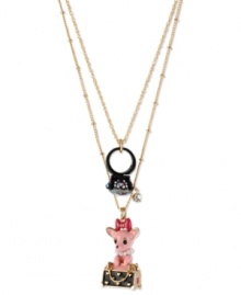 Betsey Johnson gives new meaning to the phrase doggie bag with this two-row necklace and pendant. Crafted from gold-tone mixed metal, the chain features a ring charm and another with a chihuahua in a purse. Both are adorned with sparkling glass accents. Approximate length: 16 inches + 3-inch extender. Approximate drop: 1-1/2 inches. Betsey Johnson gives new meaning to the phrase doggie bag with this two-row necklace and pendant. Crafted from gold-tone mixed metal, the chain features a ring charm and another with a chihuahua in a purse. Both are adorned with sparkling glass accents. Approximate length: 16 inches + 3-inch extender. Approximate drop: 1-1/2 inches.