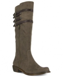 Contrasting straps add just the right amount of texture to the shaft of Mia's Cornelia boots. Contrasting straps add just the right amount of texture to the shaft of Mia's Cornelia boots.