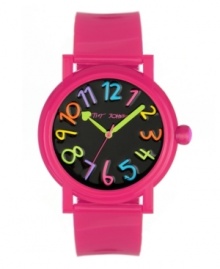 Looking on the bright side is easy with this darling watch by Betsey Johnson. Fuchsia polyurethane strap and round polycarbonate case. Black dial features multicolored numerals, lime green hour and minute hands, signature fuchsia second hand and logo. Quartz movement. Water resistant to 30 meters. Two-year limited warranty. Looking on the bright side is easy with this darling watch by Betsey Johnson. Fuchsia polyurethane strap and round polycarbonate case. Black dial features multicolored numerals, lime green hour and minute hands, signature fuchsia second hand and logo. Quartz movement. Water resistant to 30 meters. Two-year limited warranty.