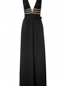 Add stylish drama to your black tie look with this stunning gown from Azzaro - Deep V-neck and back, fitted waist with gold band detailing and tie, floor-length skirt with a draped silhouette - Wear with gold-tone platform pumps, a studded clutch, and layered necklaces