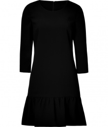 Simple and feminine, DKNYs ruffle trimmed black dress is an elegant choice for all-season sophistication - Round neckline, 3/4 sleeves, ruffled hemline, hidden back zip - Softly tailored fit - Wear with bright heels and a metallic dusted clutch Simple and feminine, DKNYs ruffle trimmed black dress is an elegant choice for all-season sophistication - Round neckline, 3/4 sleeves, ruffled hemline, hidden back zip - Softly tailored fit - Wear with bright heels and a metallic dusted clutch