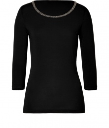 Leave your jewels at home and dress up your neckline with Hugos jet black embellished jersey top - Round neckline with silver-toned bead embellishment, 3/4 sleeves - Form-fitting - Wear with sleek separates and a finish of streamlined accessories Leave your jewels at home and dress up your neckline with Hugos jet black embellished jersey top - Round neckline with silver-toned bead embellishment, 3/4 sleeves - Form-fitting - Wear with sleek separates and a finish of streamlined accessories