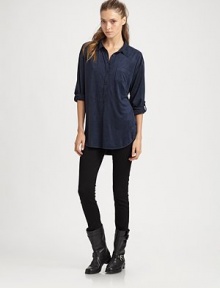 Velvety, suede-like finish adds a touch of texture to this majorly chic boyfriend shirt. Point collarButton frontSingle front patch pocketLong roll-tab sleevesLonger length hits below the hipsPolyesterHand washImportedModel shown is 5'9 (176cm) wearing US size Small. Velvety, suede-like finish adds a touch of texture to this majorly chic boyfriend shirt. Point collarButton frontSingle front patch pocketLong roll-tab sleevesLonger length hits below the hipsPolyesterHand washImportedModel shown is 5'9 (176cm) wearing US size Small.