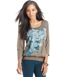 A smocked hem and studded floral print are feminine touches on this Style&co. top. Perfect for pairing with teal colored denim (one of this season's most fashionable hues). A smocked hem and studded floral print are feminine touches on this Style&co. top. Perfect for pairing with teal colored denim (one of this season's most fashionable hues).