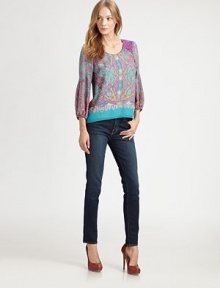 Lovely lace trim and an abstract paisley print vitalize this pure silk design with elasticized bishop sleeves. ScoopneckLace shouldersThree-quarter bishop sleevesElasticized cuffsLace upper backSilkDry cleanMade in USA of imported fabricModel shown is 5'10 (177cm) wearing US size 2. Lovely lace trim and an abstract paisley print vitalize this pure silk design with elasticized bishop sleeves. ScoopneckLace shouldersThree-quarter bishop sleevesElasticized cuffsLace upper backSilkDry cleanMade in USA of imported fabricModel shown is 5'10 (177cm) wearing US size 2.